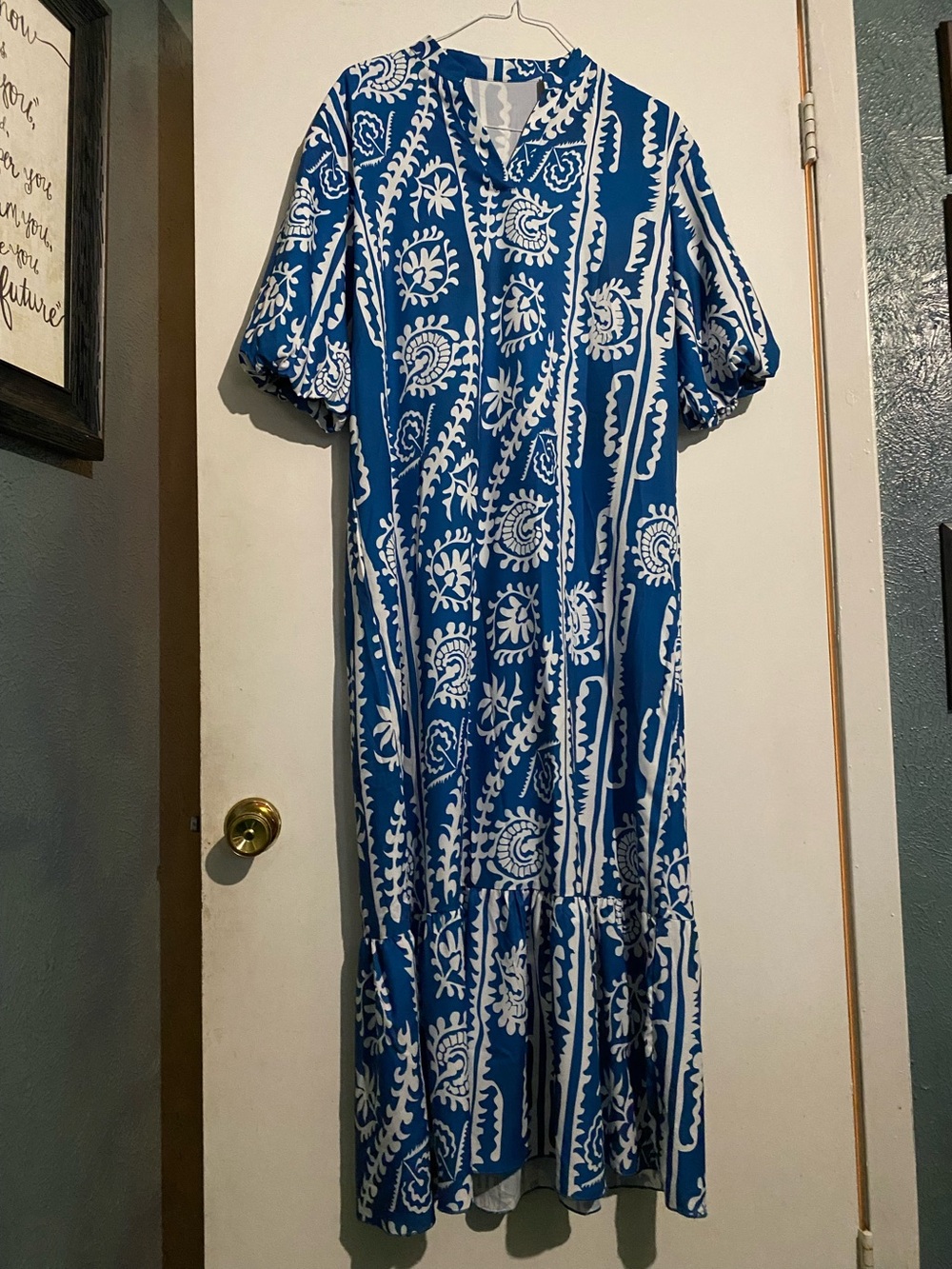 Blue and White Printed Midi Dress - Relaxed Fit